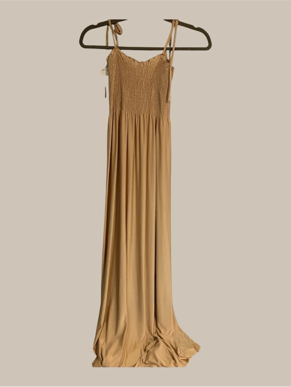 Tie-Shoulder Smocked Maxi Dress in Camel/Tan
